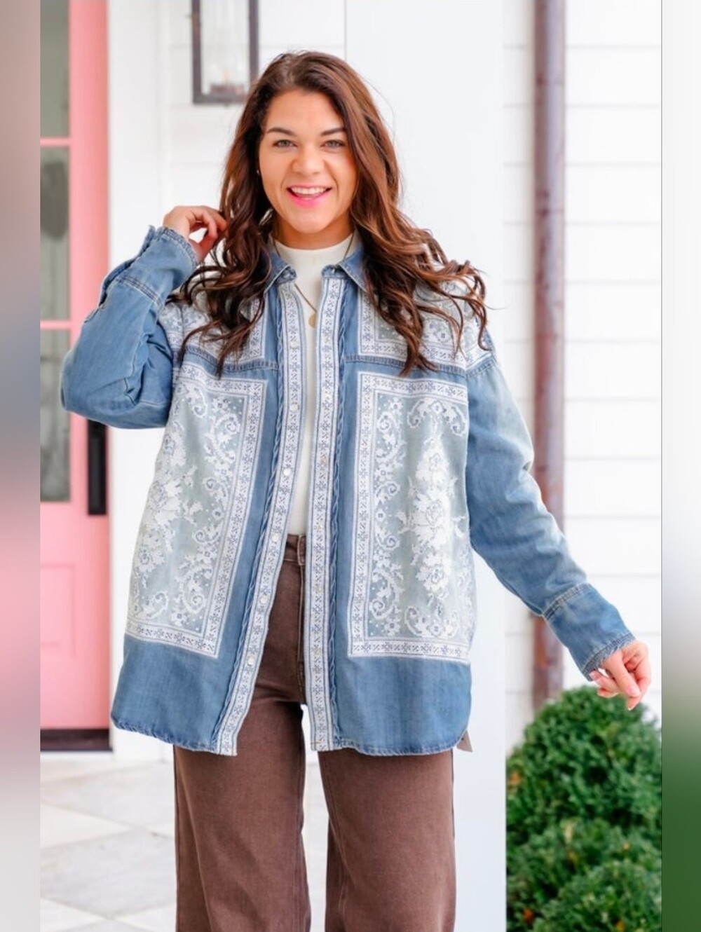 NEW! Blue Velvet Denim Button-Up Shirt Jacket with White Paisley Panels, NWT